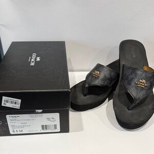 Coach Janice Thong Wedge Black and Gold Flip-Flops size 8.5 NWT with coach box
